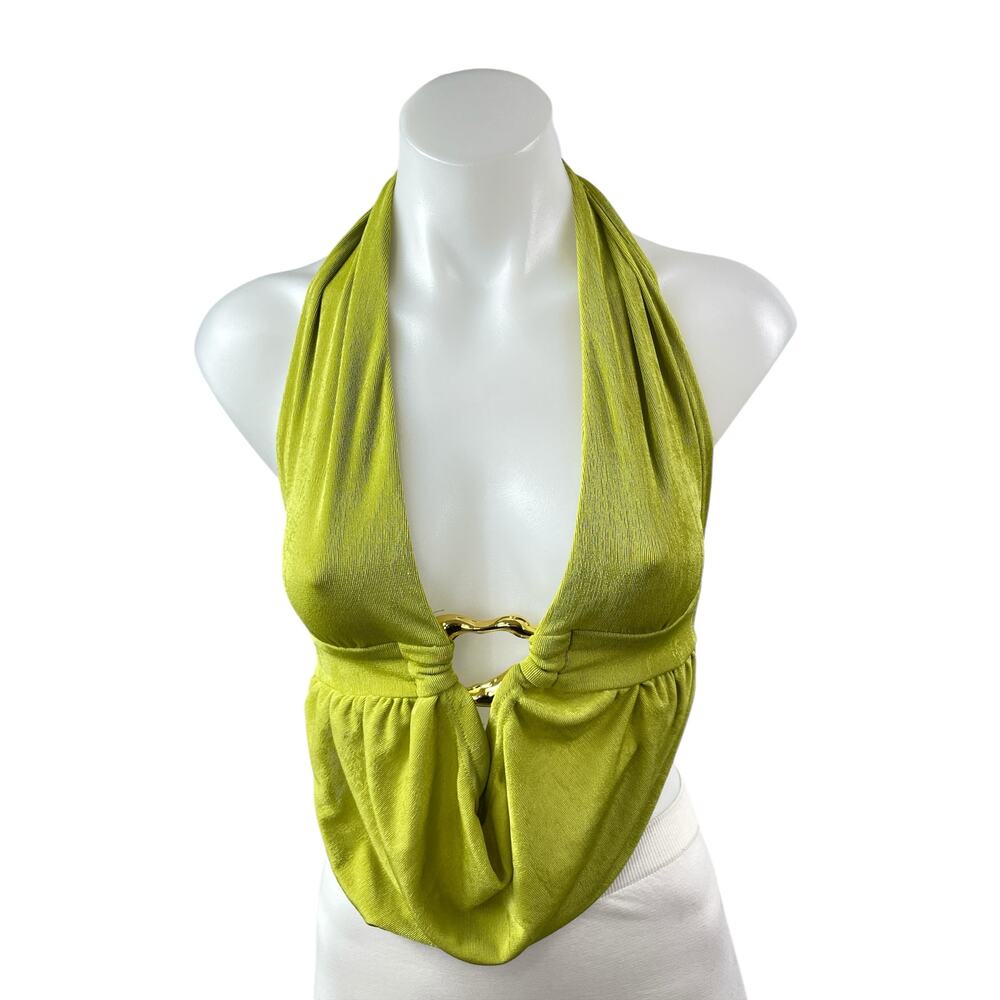 NEW Soly Hux Green Ribbed Knit Halter Plunge Ring Backless Blouse Top Size XS